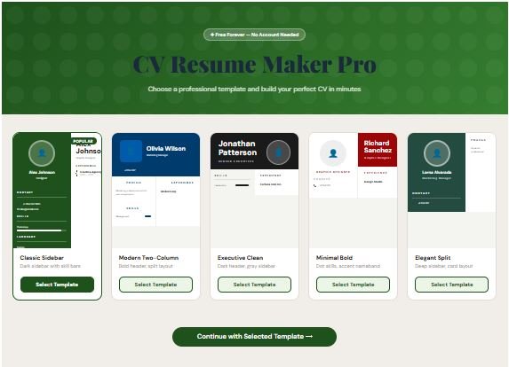 ud2ools CV resume maker showing five CV template previews