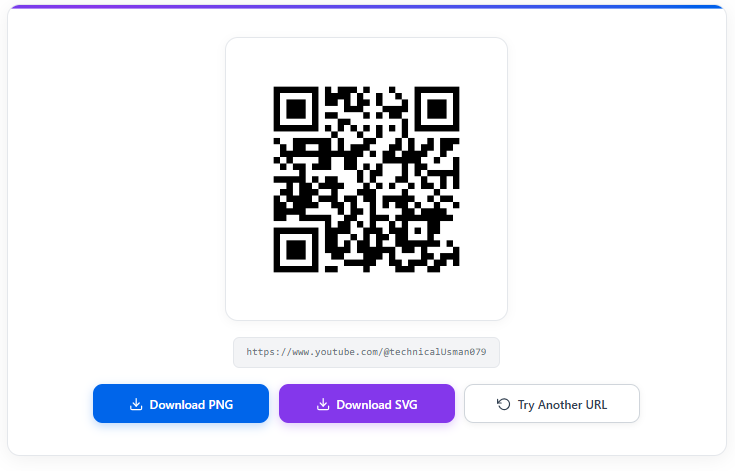 Generated QR code with PNG and SVG download buttons after you convert link to QR code