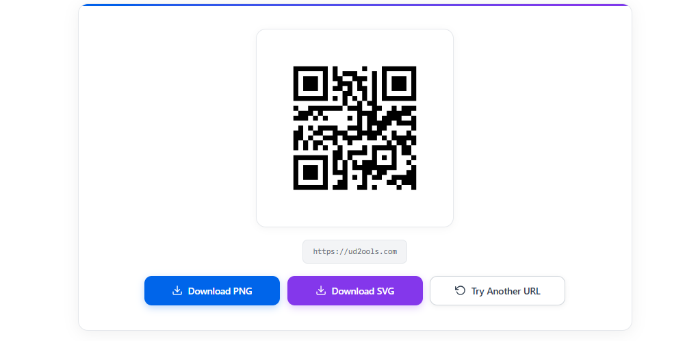 Generated black QR code with PNG and SVG download buttons on ud2ools