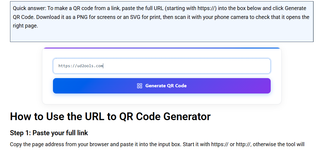 Paste a link into the ud2ools tool to create a QR code from URL