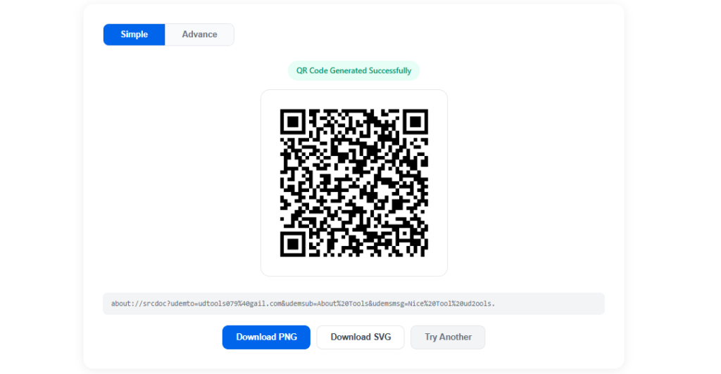 Email QR code generator creating a QR code with a pre-filled email address, subject and message