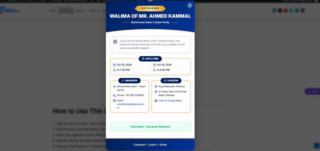 Event qr code generator showing a digital invitation card