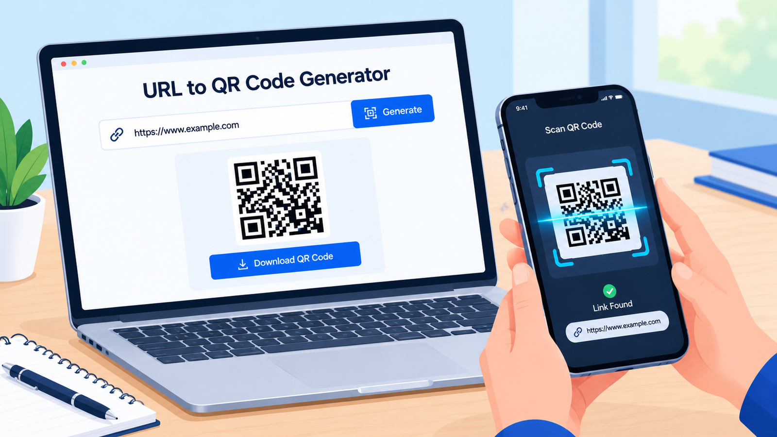 Phone camera scanning a QR code made from a link