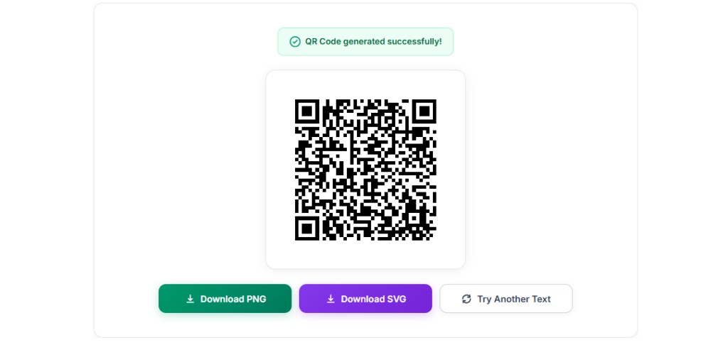 Text to QR code generator showing a scannable QR code created from plain text