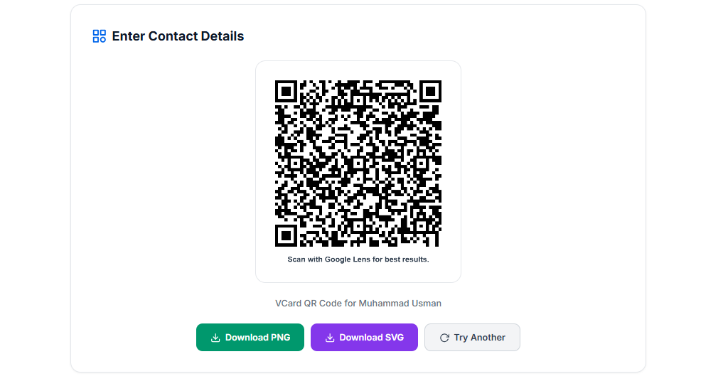VCard QR code generator example showing a contact QR code